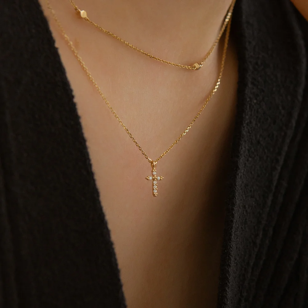 14k 十字架 Pave 石洗 頸鏈 (14k金色) #LFN21