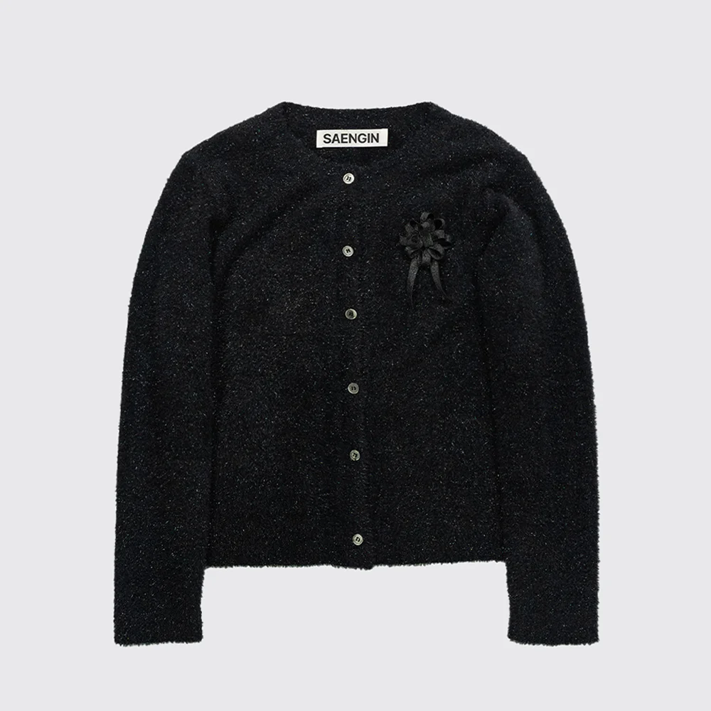 TINSEL KNIT BUTTON CARDIGAN - BLACK
