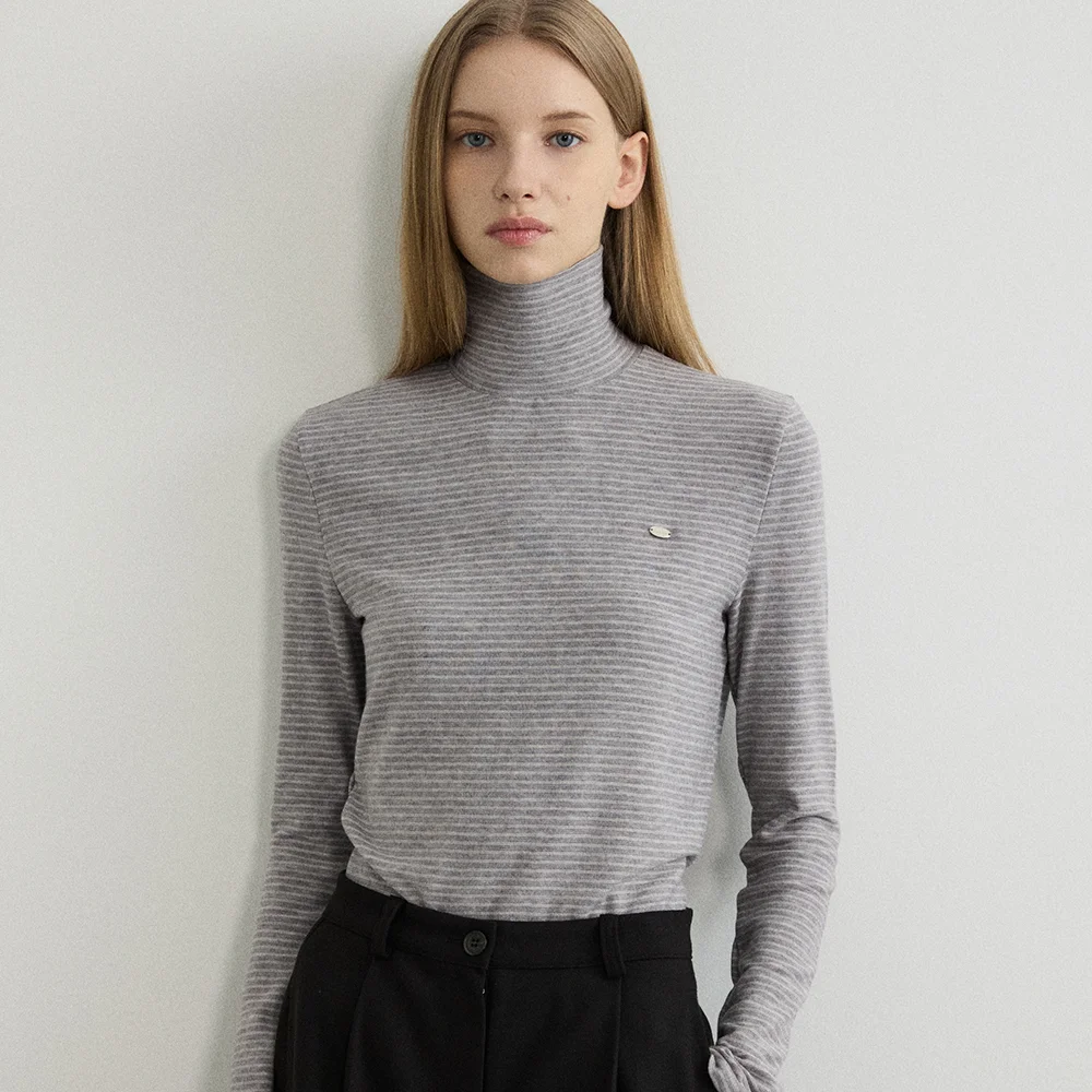 Soft Angora Stripe Turtleneck T-shirt - Melange grey