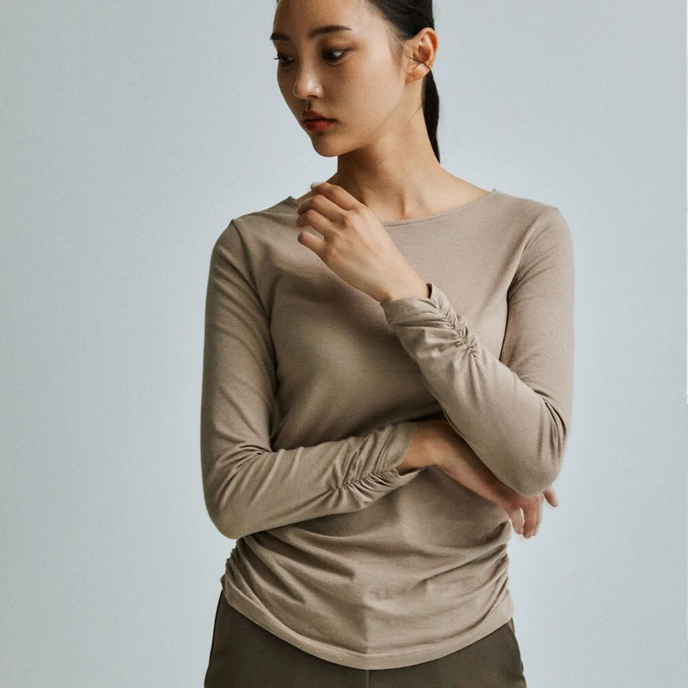Shirring detail t-shirt _mocha
