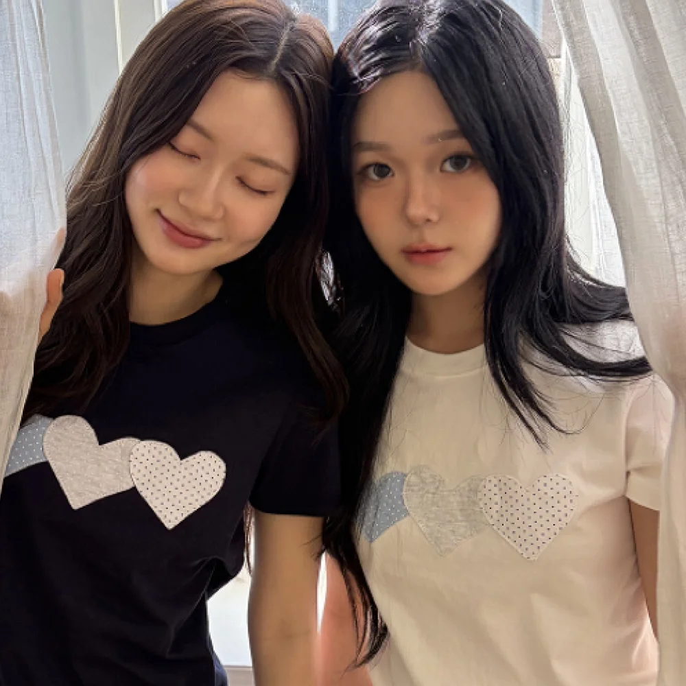 Silver Dot Heart Patch Cotton T-shirt White