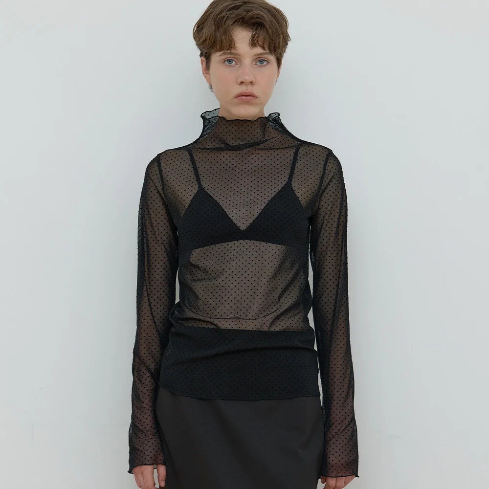 DOT MESH TURTLE NECK TOP_BLACK