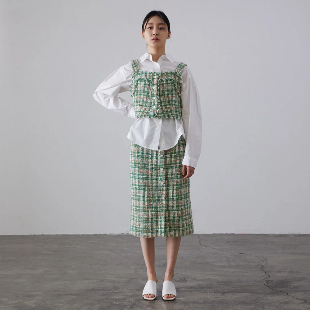 BUTTON POINT TWEED SKIRT - GREEN
