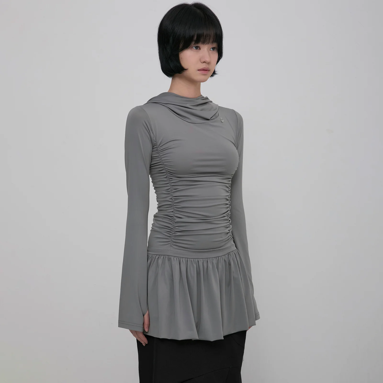 Hooded High Neck Long Dress (FL-185_Gray)
