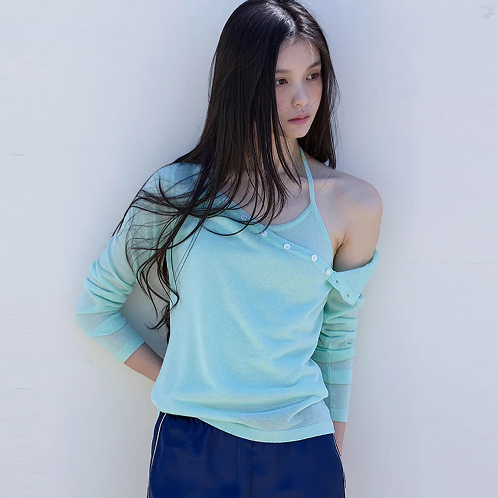Off Shoulder Sleeveless Knit Set Soft mint