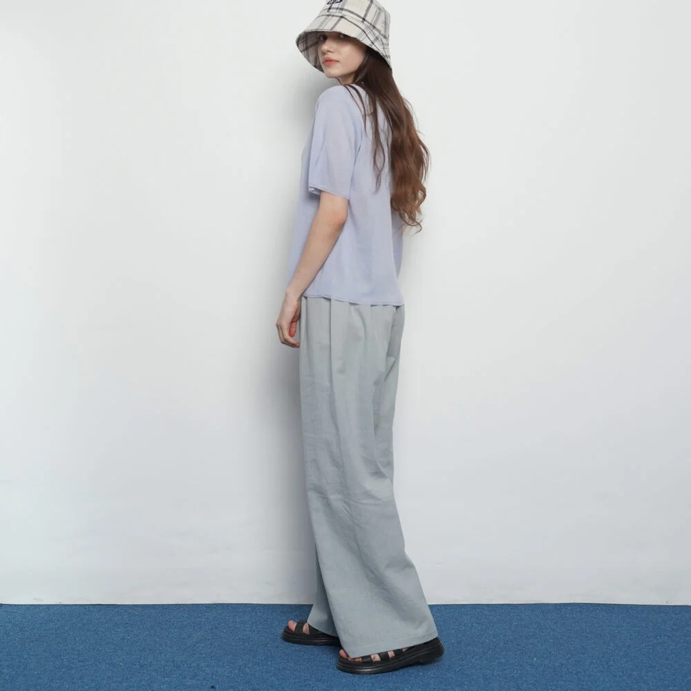 女裝 亞麻 酵素 水洗 寬版 褲子 天藍色