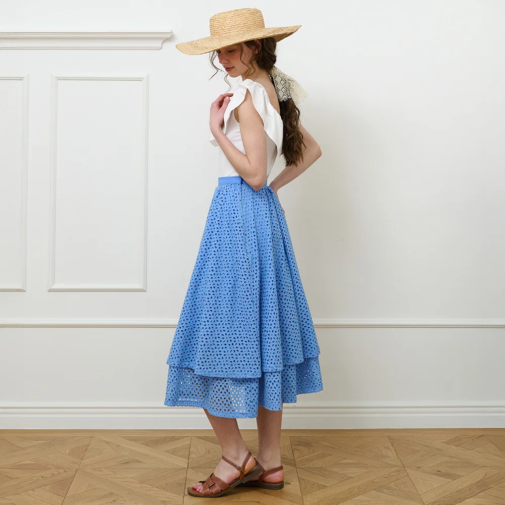 Dana layered shirring midi skirt_Blue