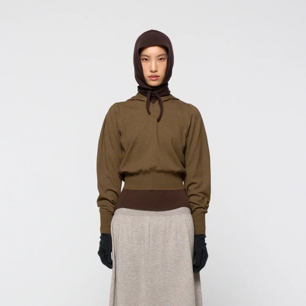 Shirring half zip up knit hoodie, Khaki