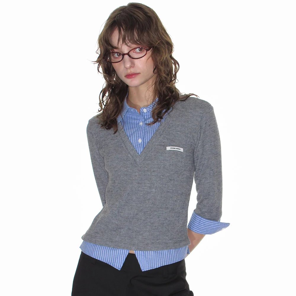 KNIT LAYERED CHECK SHIRT_GREY