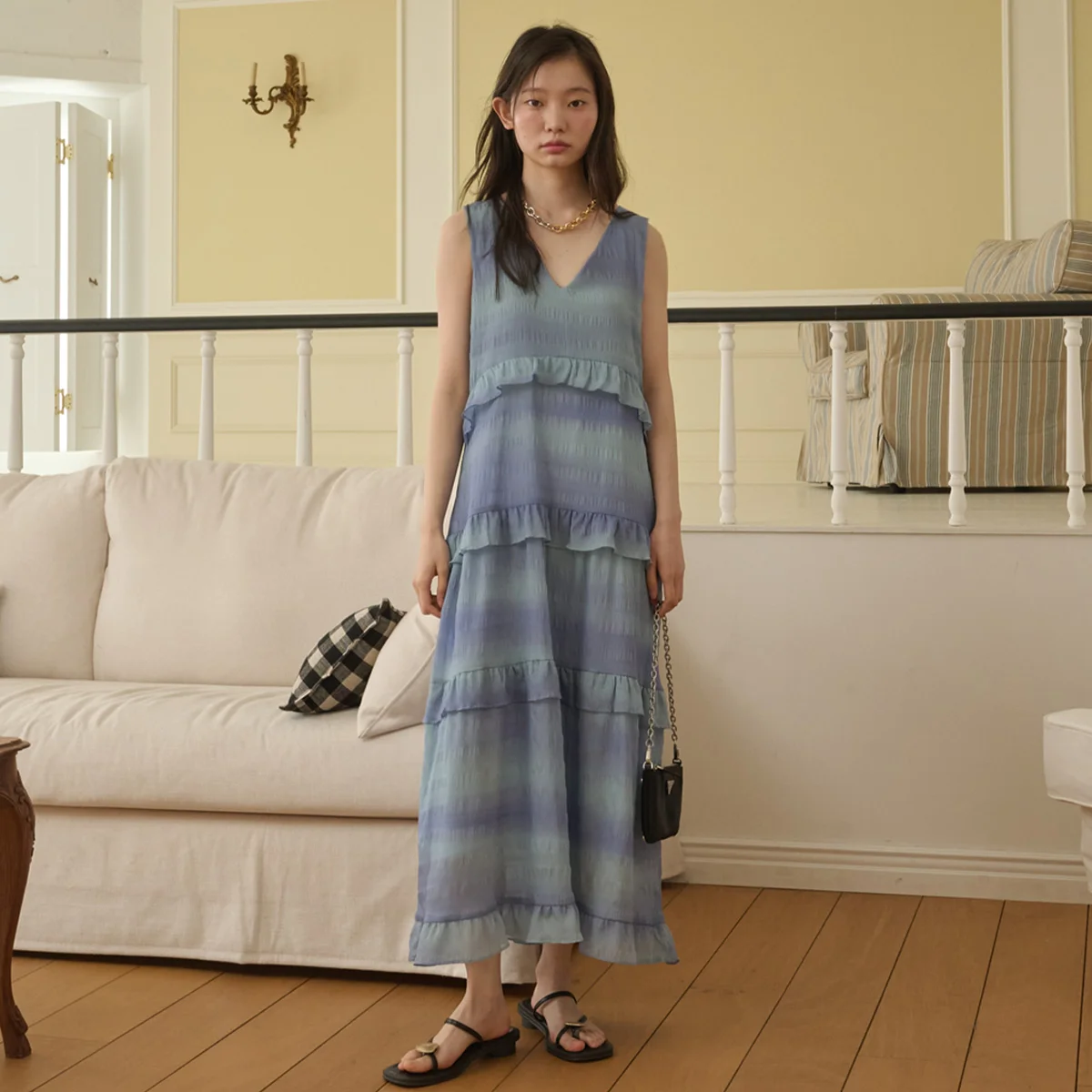 Sleeveless Ruffle Tiered Long Dress_Blue Mist