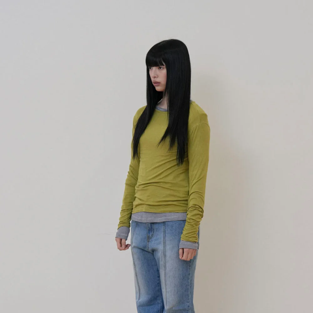 Layered round long sleeve t-shirt, green