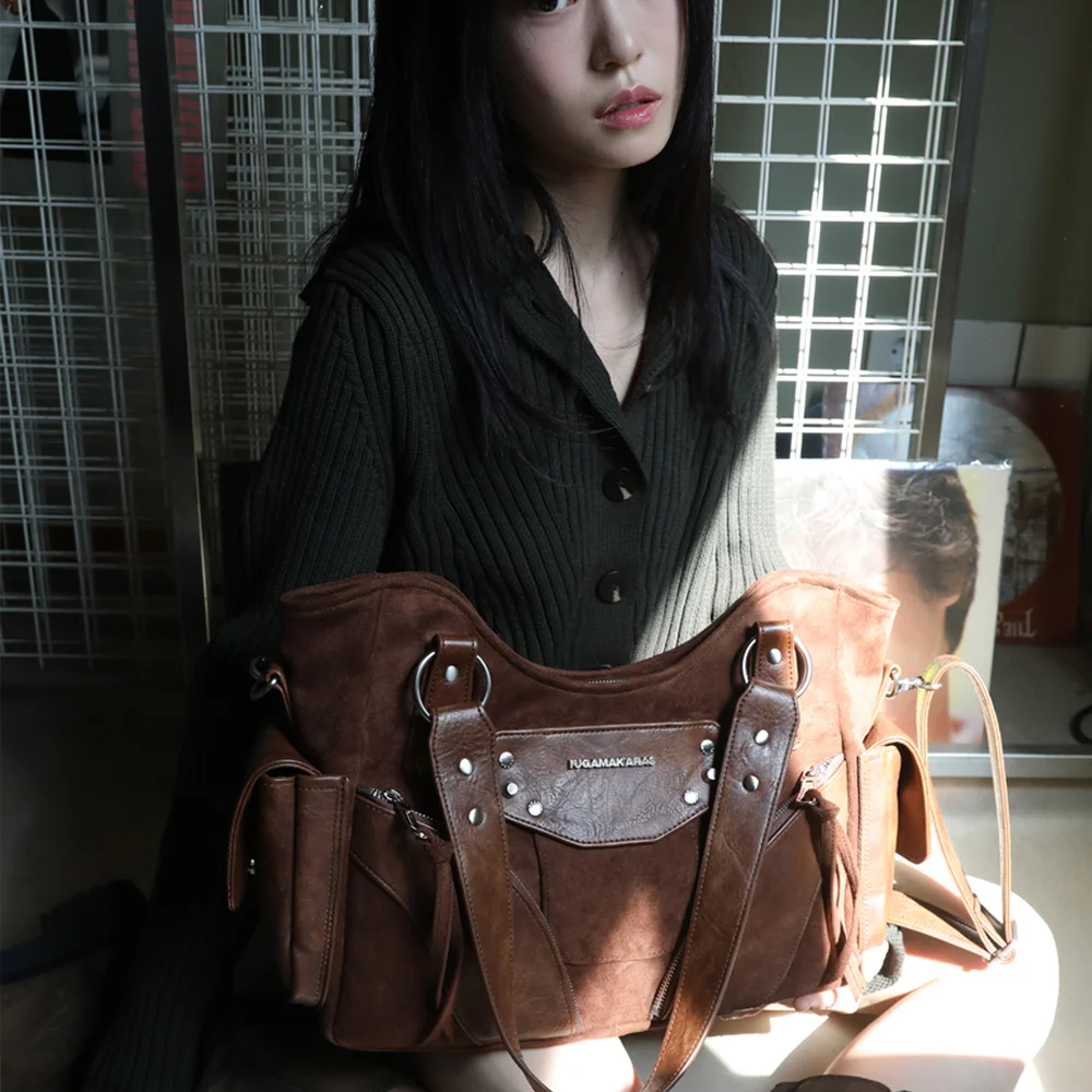 Studded Suede Shoulder Bag (Brown)