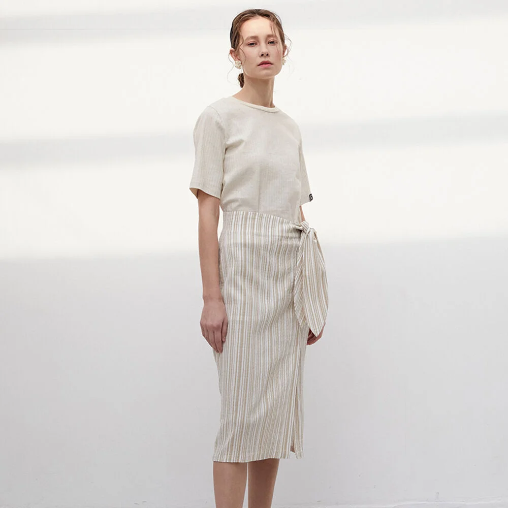 3R Premiun Modal Stripe Twist Ribbon Skirt - Beige