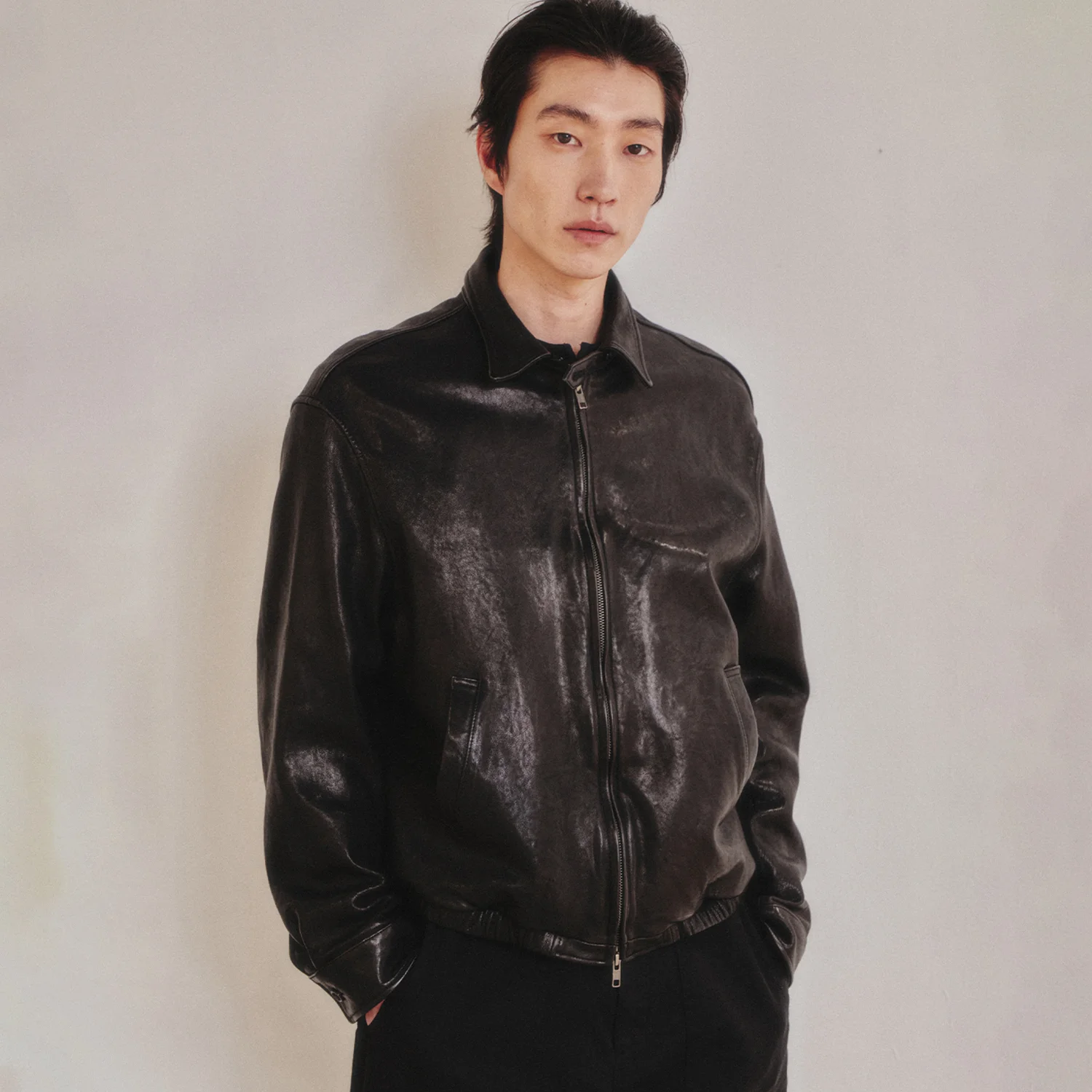 Washed Vegetable Leather Swing Jacket_Black