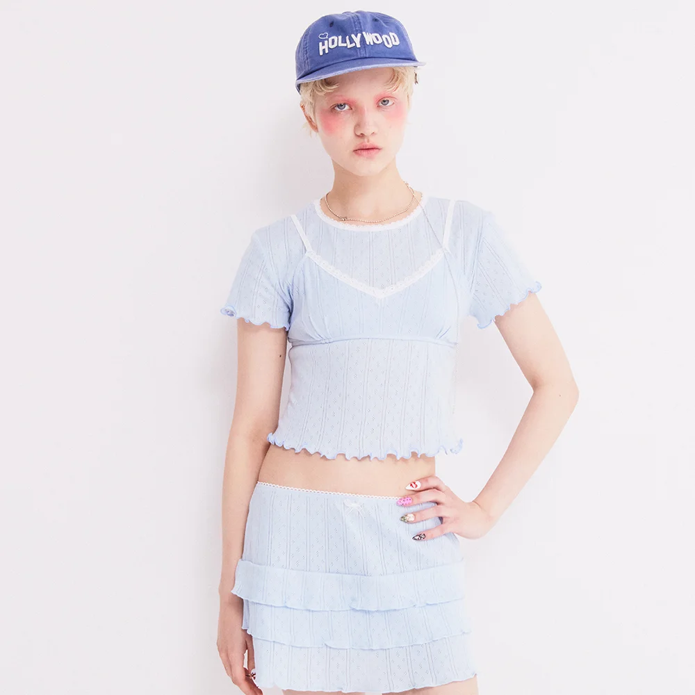 LOVELY EYELET BRA T-SHIRT SET BLUE