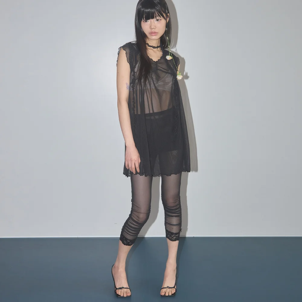 SHEER MESH RIBBON DRESS BLACK