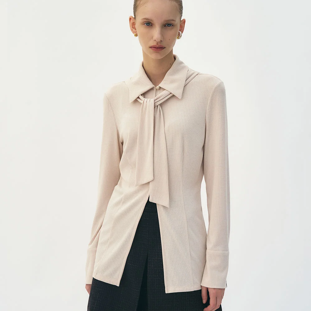 Scarf tie-neck jersey blouse top (Ivory)