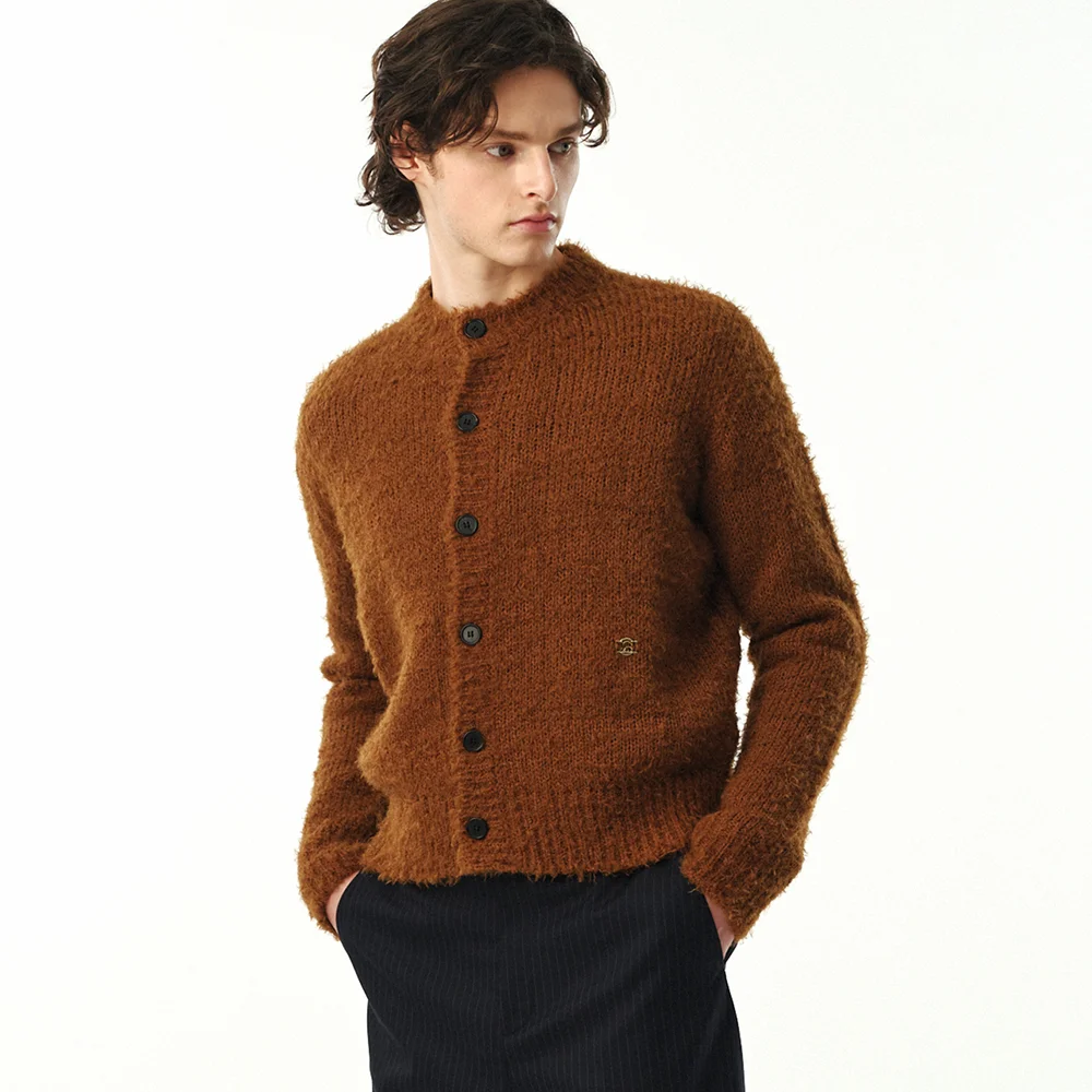 UNISEX, Hairy Round Knit Cardigan / Camel