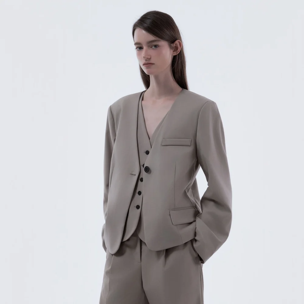 Lydia Collarless Suit Jacket - Beige