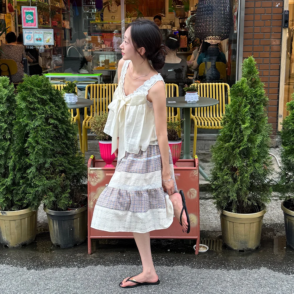 Smocking Color Block Flare Skirt (Beige)