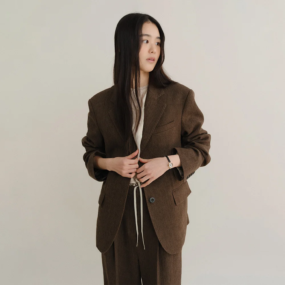 LIBER LINEN SINGLE TWILL JACKET (BROWN)