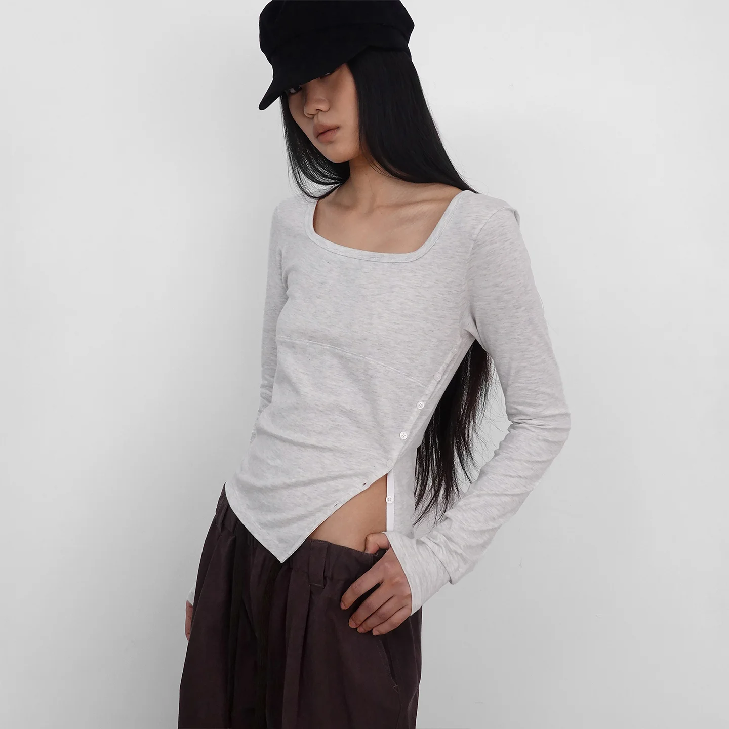 Square Neck Side Slit Long Sleeve_Melange White