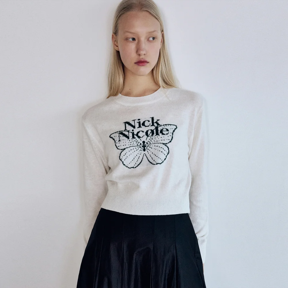 CASHMERE BUTTERFLY SIGNATURE CROP KNIT_IVORY GREEN