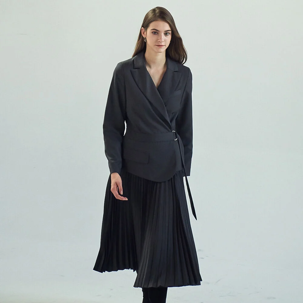 BLAZER PLEATED WRAP DRESS_D.GREY
