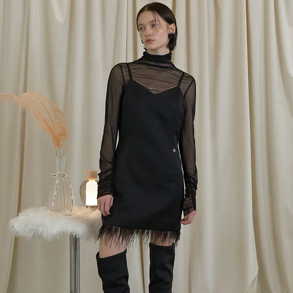FEATHER SATIN SLIP DRESS- BK(OP-6121)
