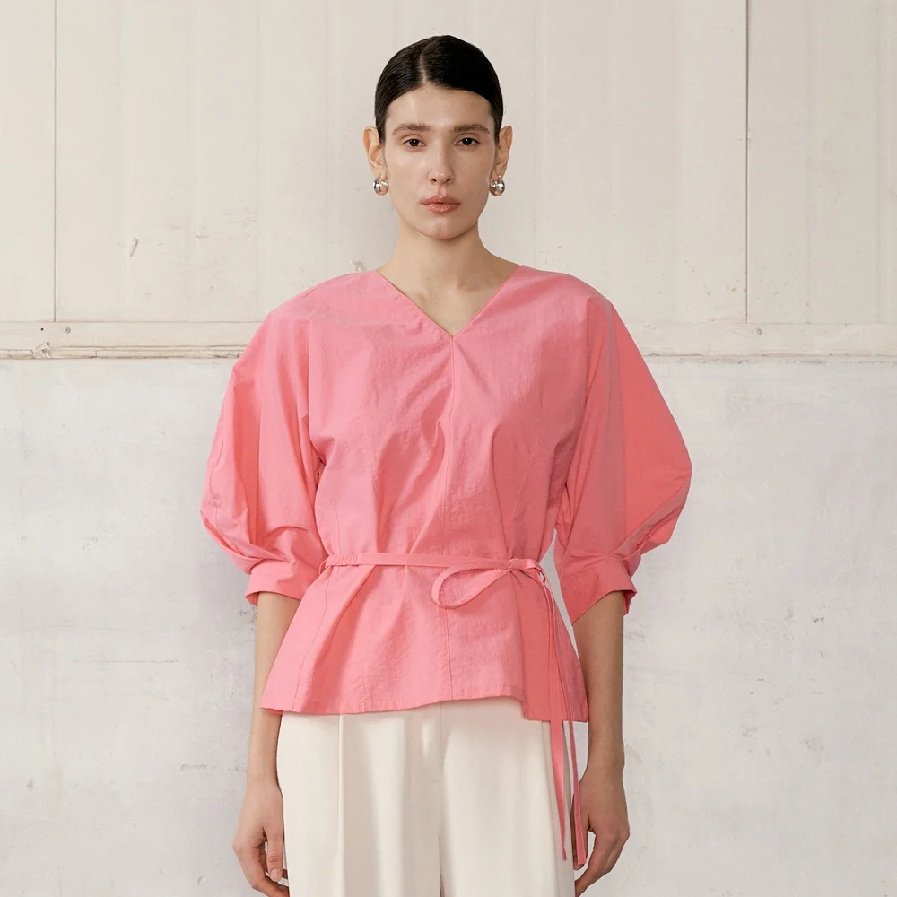 & 綁帶 雪紡衫 玫瑰色