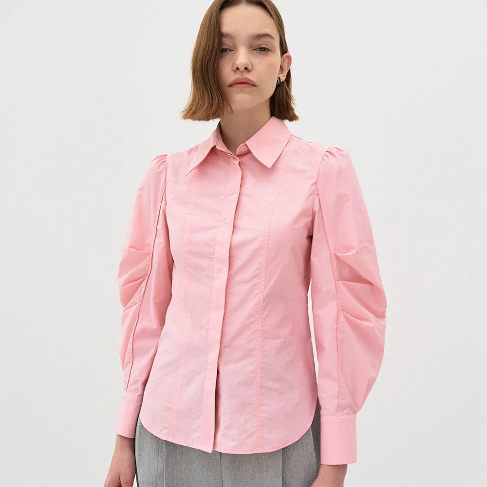 5P Tuck Sleeve Cotton Blend Shirt - Pink