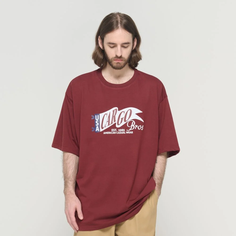 (BIGSIZE) CARGO VINTAGE FLAG SHORT SLEEVE T-SHIRT (WINE)