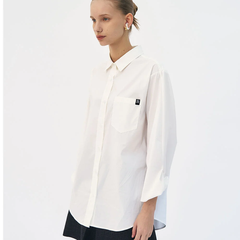 Patch-pocket twist sleeve shirt (White)