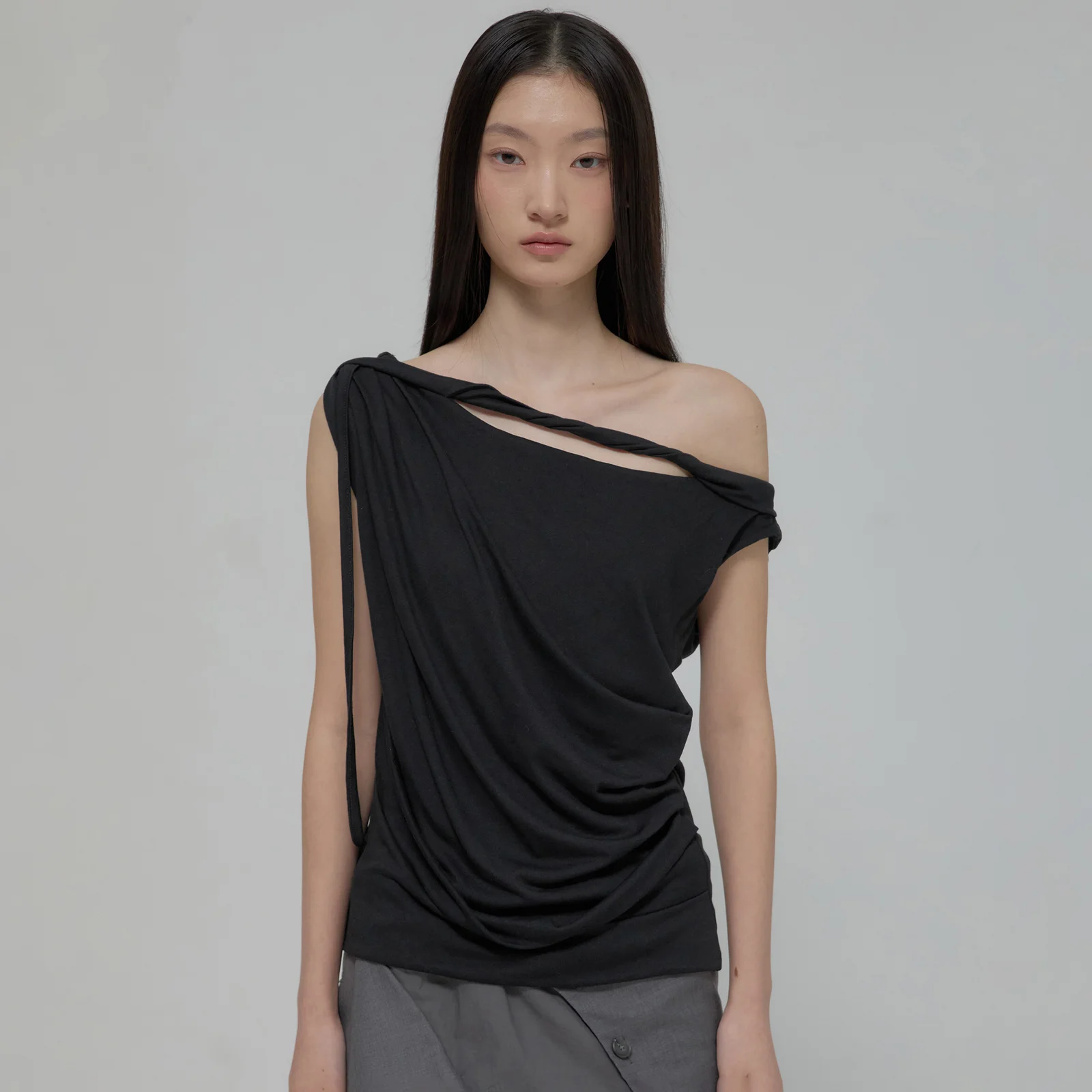 Braided Drape One-Shoulder Top (FL-140_Black)