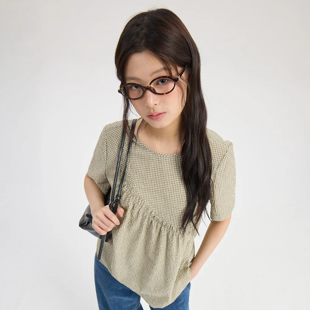 Chouetties by LUCKY CHOUETTE Unbalance Volume Check Blouse (olive) LASAX26400OLV