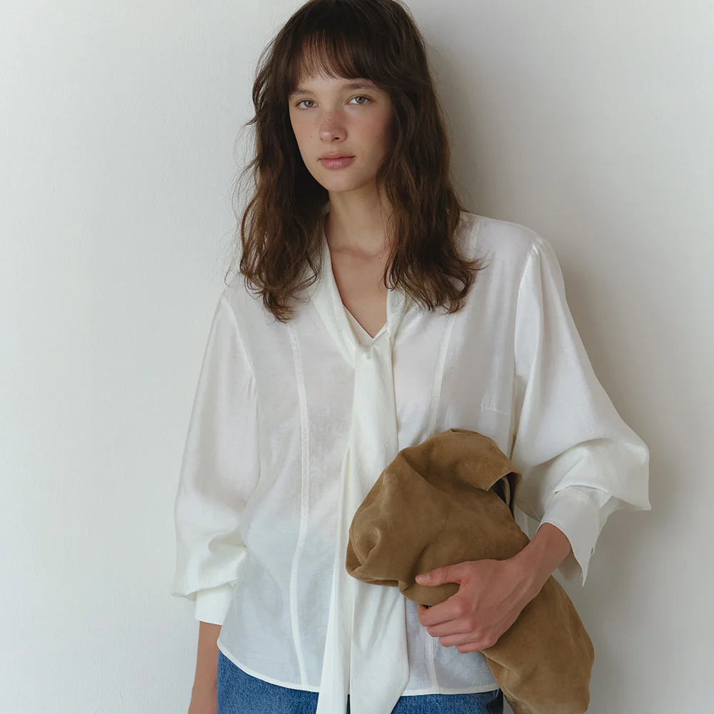 Draped tie blouse_ivory (1/2size)