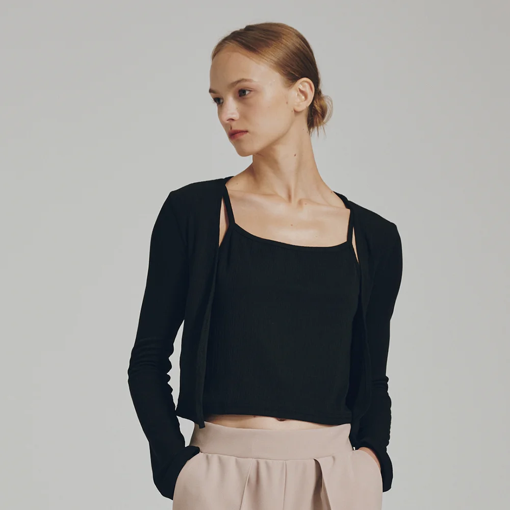 柔軟 開襟外套 無袖 套裝 - 黑色 / Soft Cardigan Sleeveless Set - Black