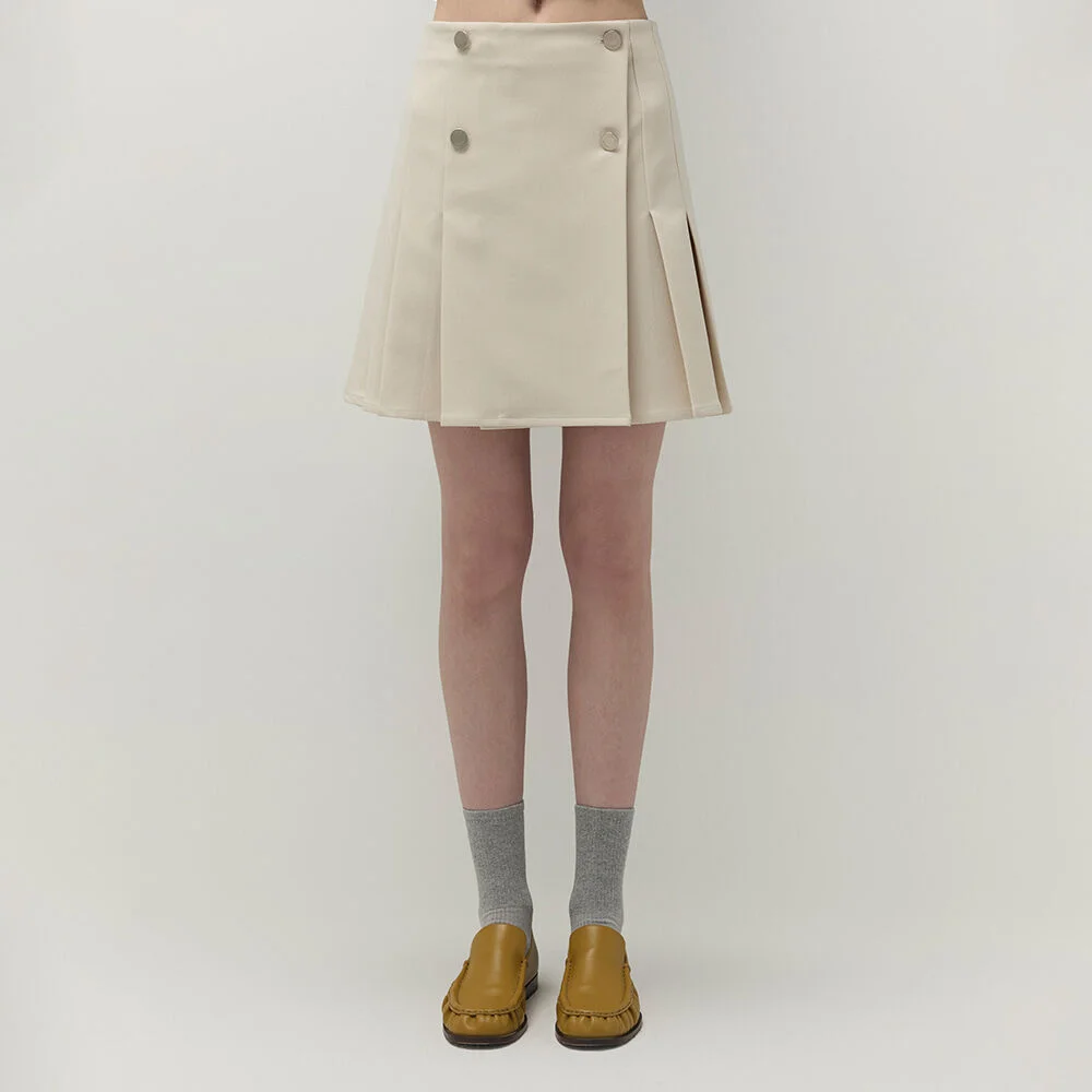 Classic Pleated Button Skirt (Light Beige)