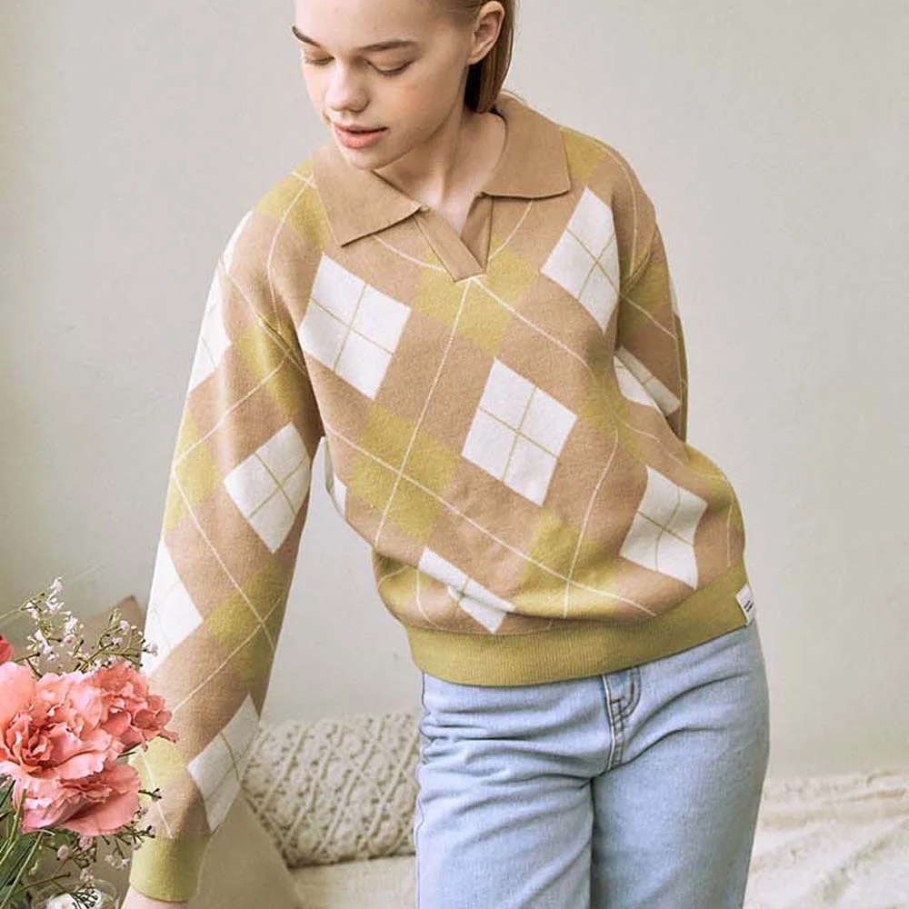 菱格紋 開襟 Cara Knit BEIGE