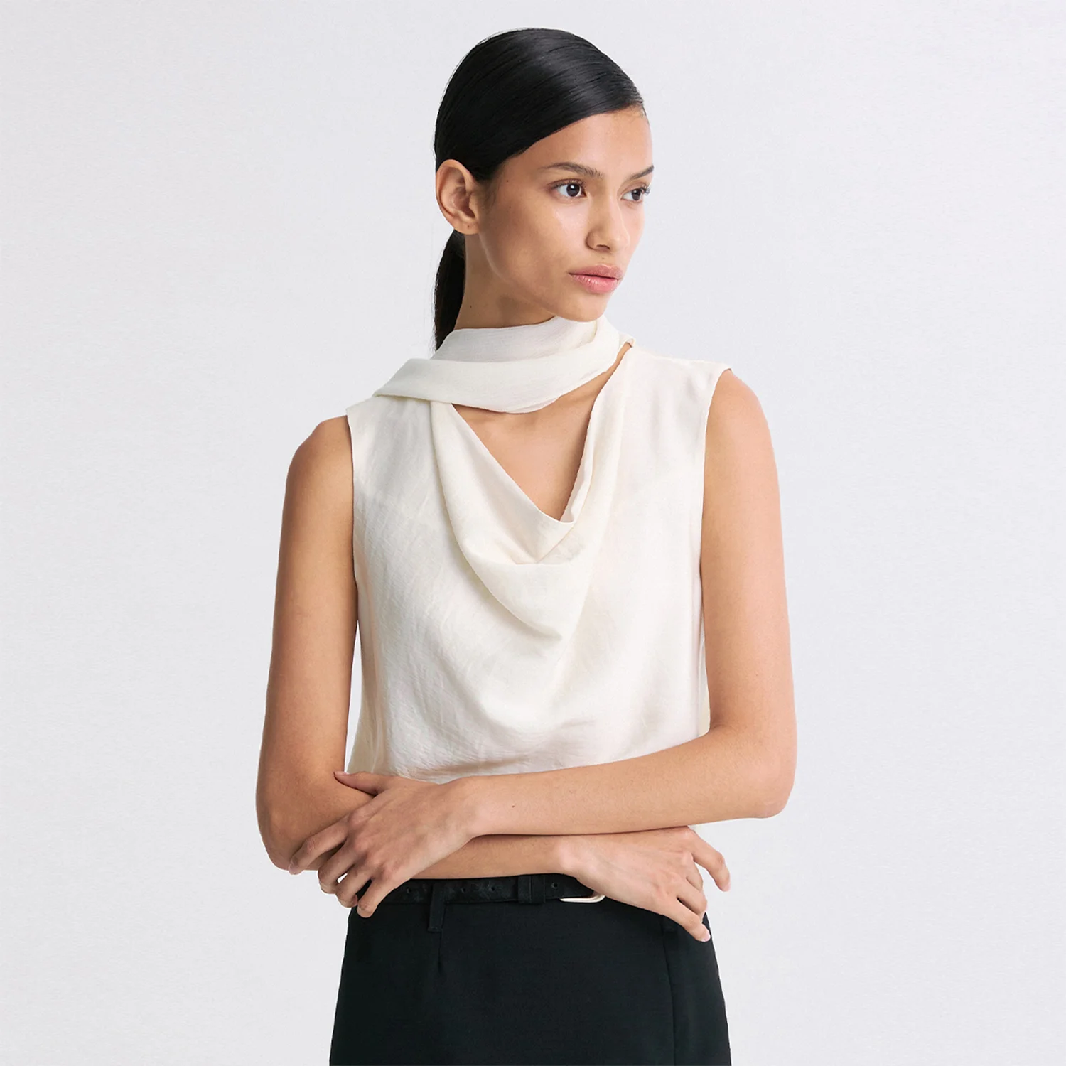 SCARF-NECK DRAPED SLEEVELESS BLOUSE