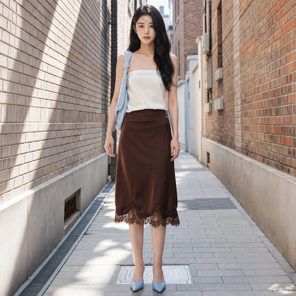 Lace Trim Satin Banding Skirt Brown