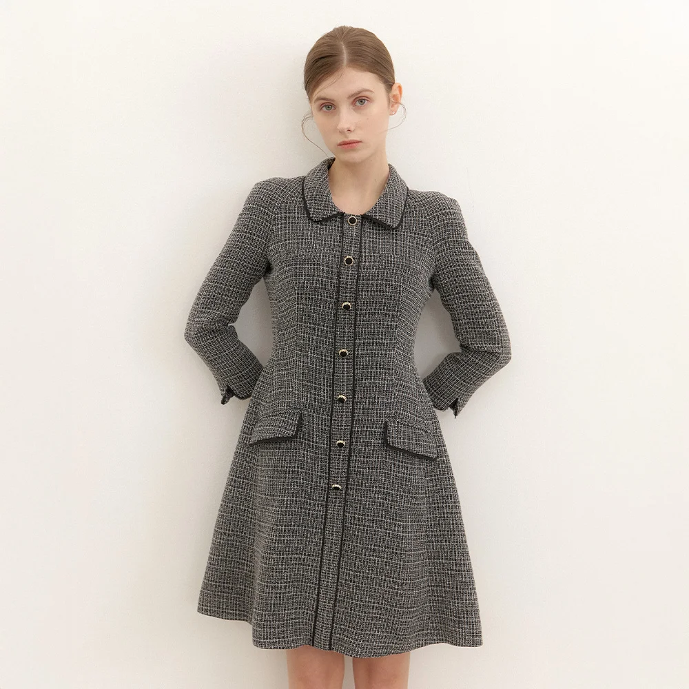 Tweed Chiffon-Trim Midi Dress / Check(3Color)