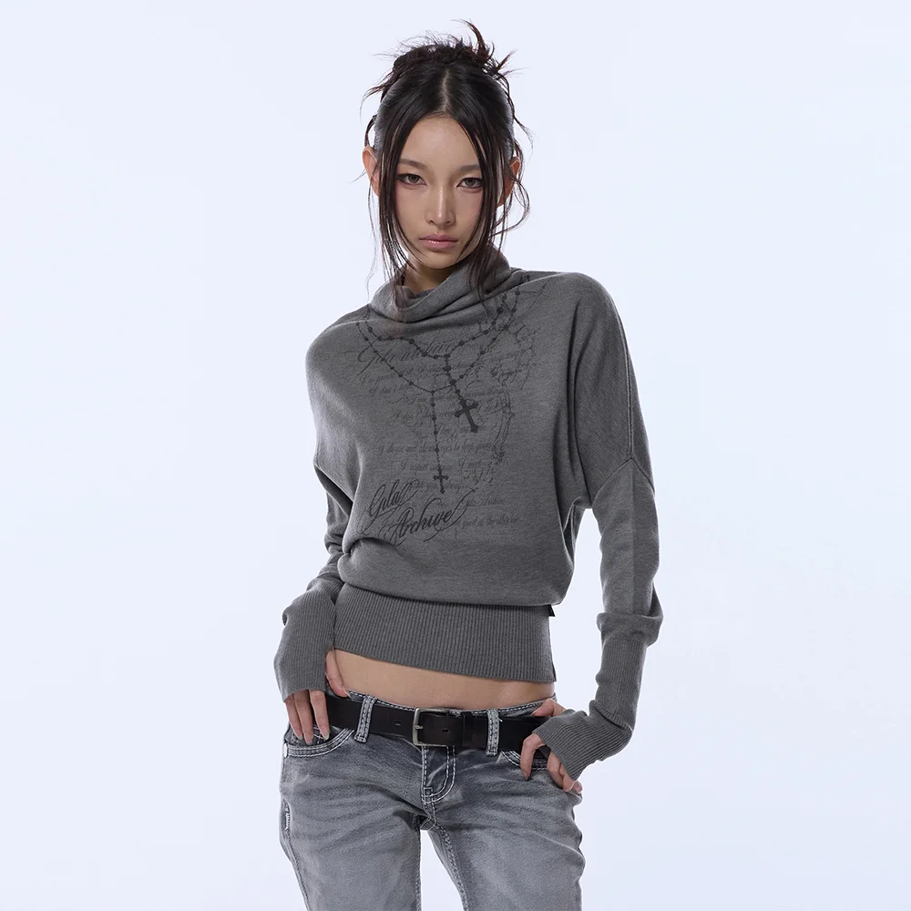 HIGH NECK COWL GRAPHIC KNIT_GREY