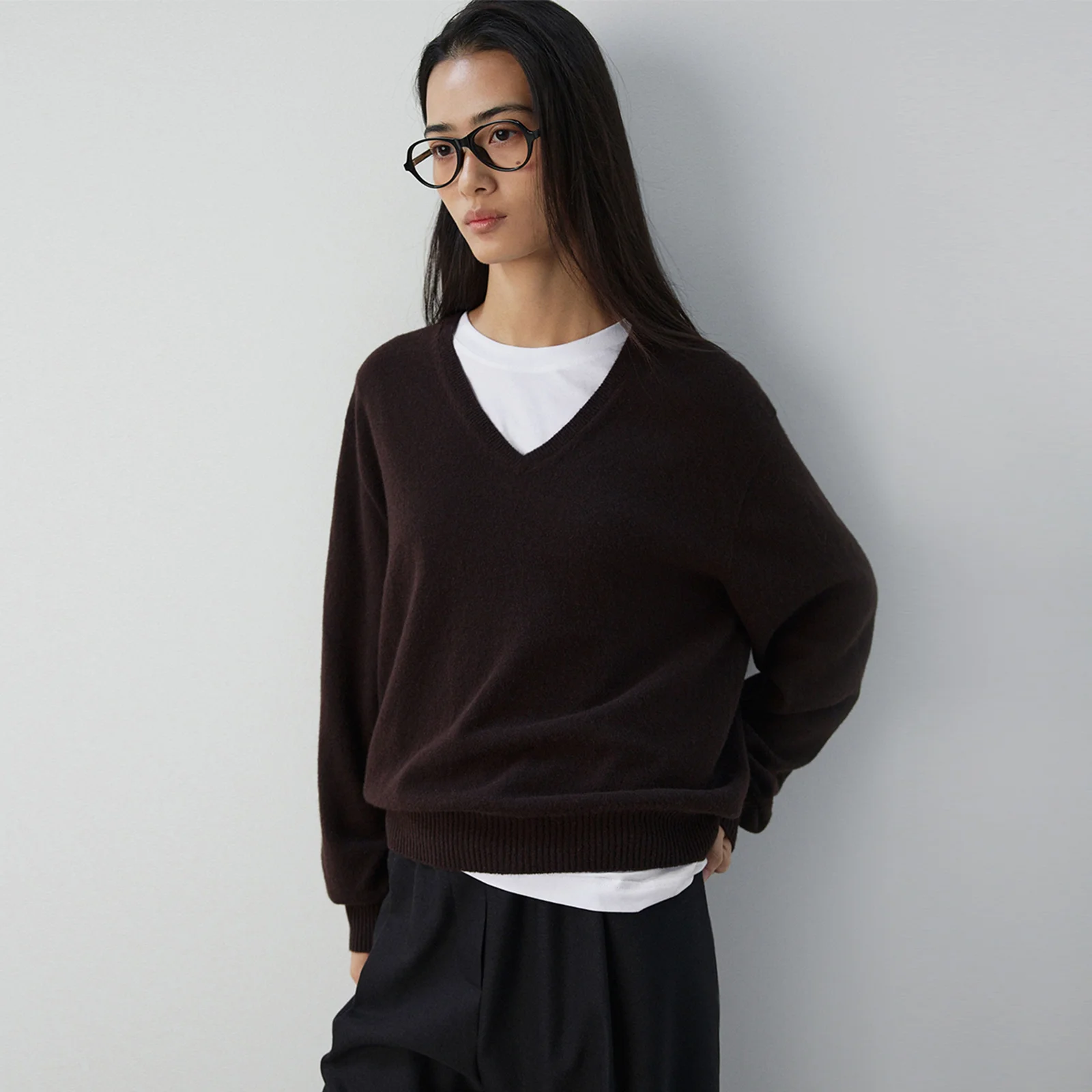Wool V neck knit-Brown
