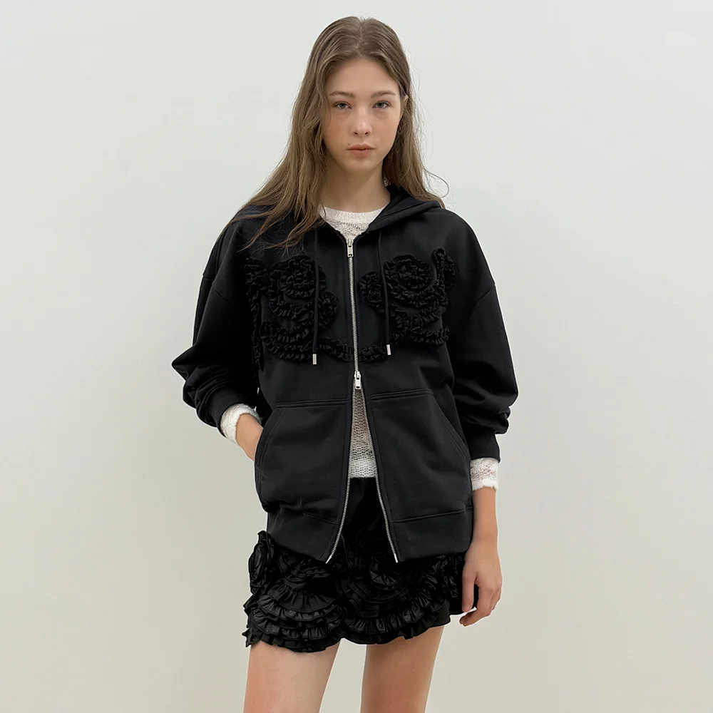 Rose Frill Oversized-Fit Hooded Zip-Up (Black)