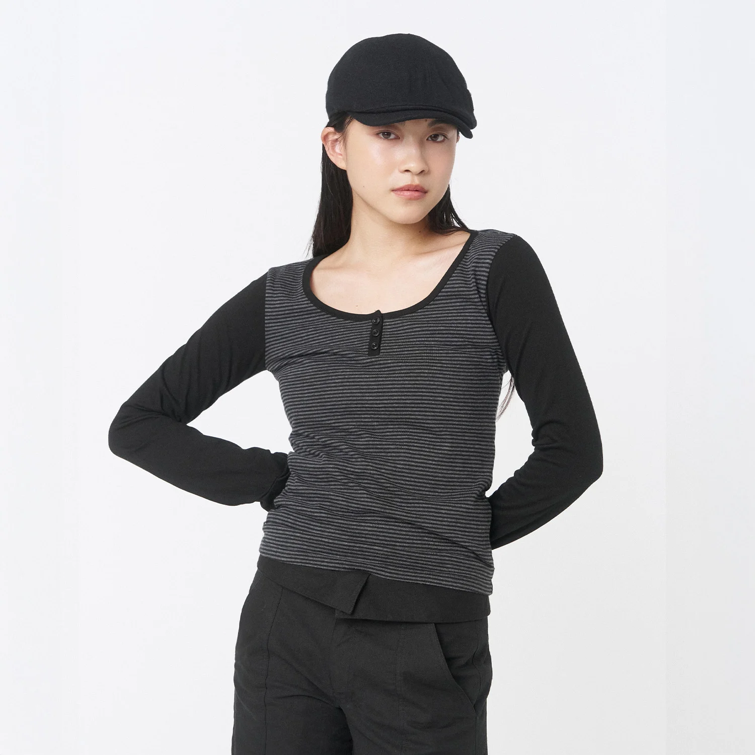 Henley neck long sleeves STRIPE
