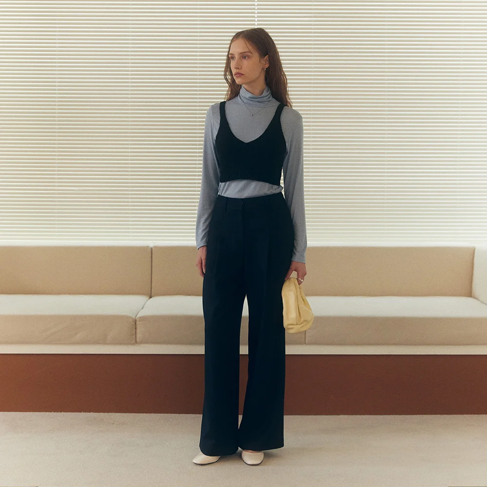 ONE-TUCK WOOL WIDE PANTS (dark navy)