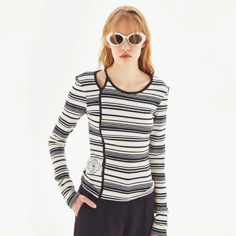 Stripe Long Sleeve Slit Top