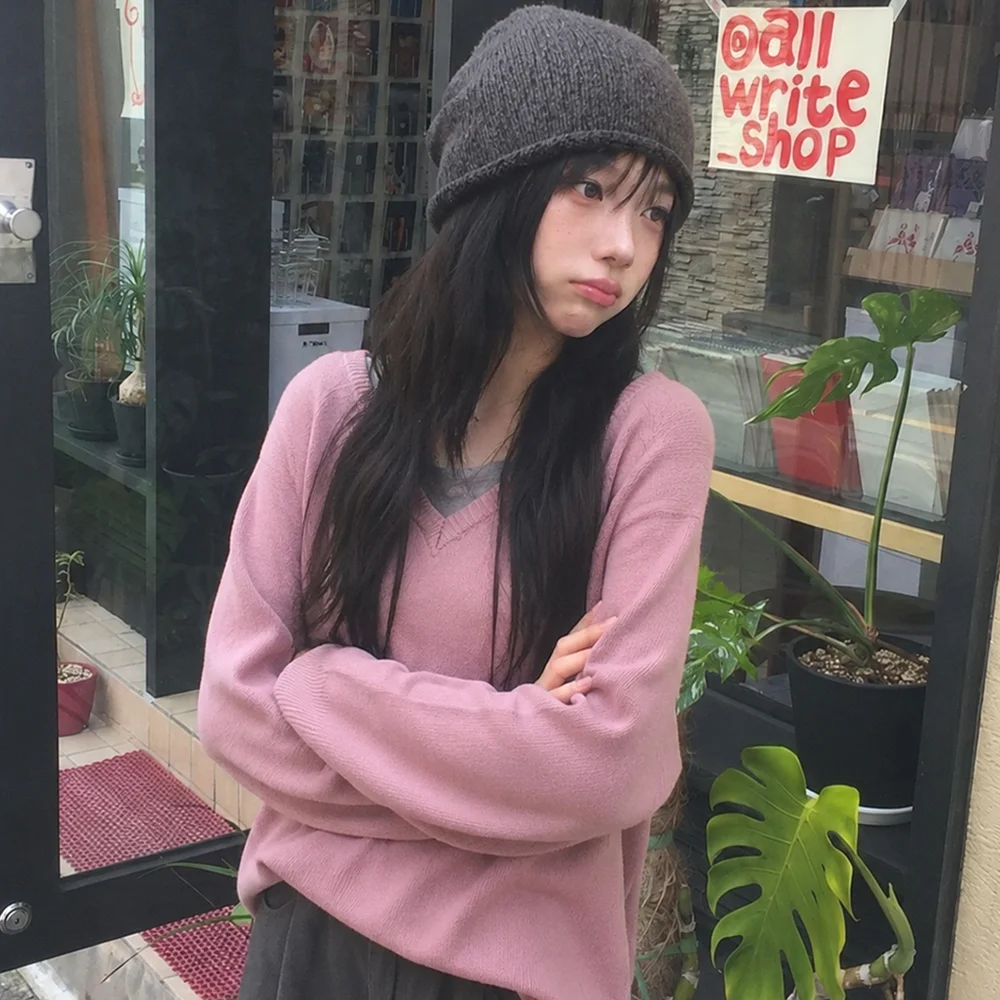 V領 基本款 針織衫 粉色