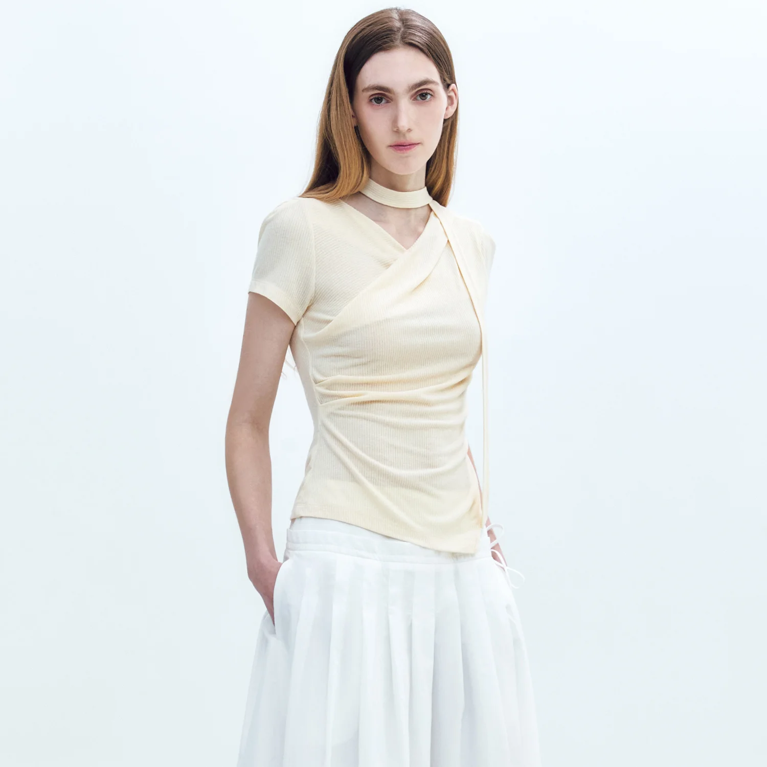 Unbalance Draped Short-SLV TOP YELLOW